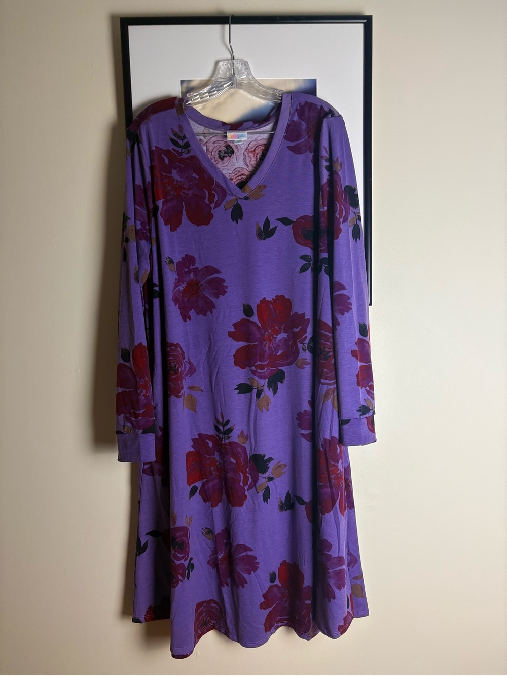 LuLaRoe Purple Long Sleeve V-Neck Dress with Red Floral Print